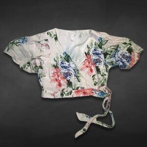 Leith Crop Top Wrap Style Puff Sleeve V-Neck Boho Chic Floral White/Multicolor S